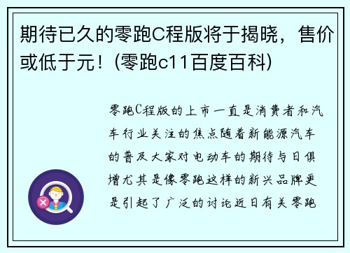 期待已久的零跑C程版将于揭晓，售价或低于元！(零跑c11百度百科)