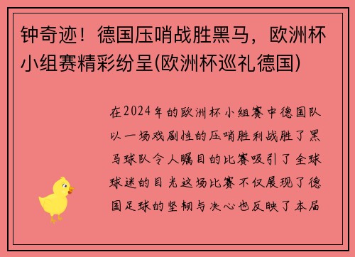 钟奇迹！德国压哨战胜黑马，欧洲杯小组赛精彩纷呈(欧洲杯巡礼德国)