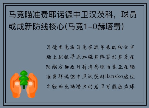 马竞瞄准费耶诺德中卫汉茨科，球员或成新防线核心(马竞1-0赫塔费)