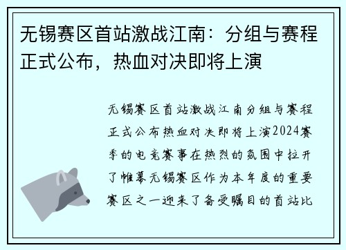 无锡赛区首站激战江南：分组与赛程正式公布，热血对决即将上演