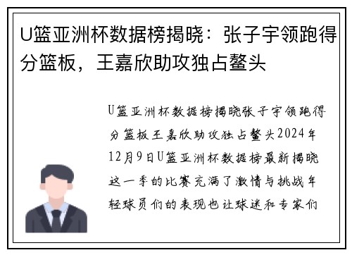 U篮亚洲杯数据榜揭晓：张子宇领跑得分篮板，王嘉欣助攻独占鳌头