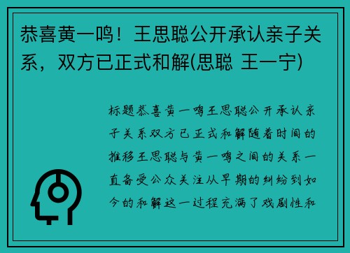 恭喜黄一鸣！王思聪公开承认亲子关系，双方已正式和解(思聪 王一宁)