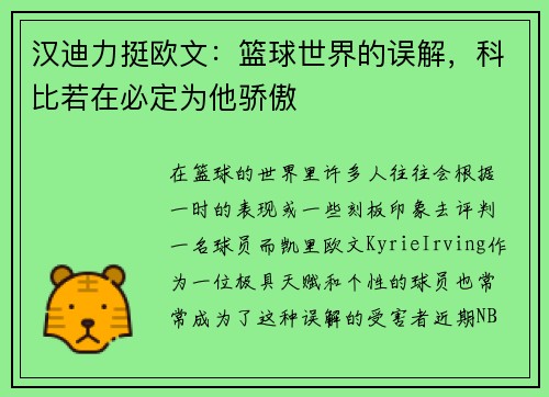 汉迪力挺欧文：篮球世界的误解，科比若在必定为他骄傲