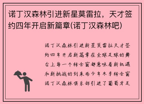 诺丁汉森林引进新星莫雷拉，天才签约四年开启新篇章(诺丁汉森林吧)