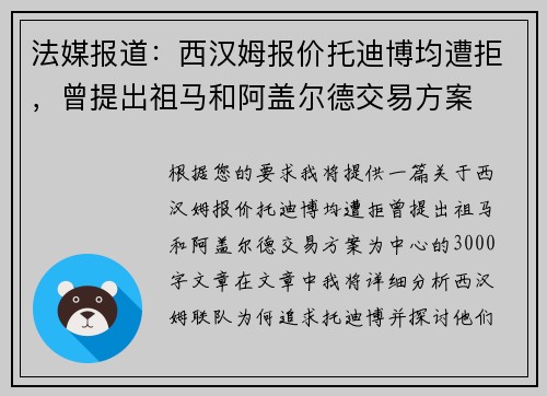 法媒报道：西汉姆报价托迪博均遭拒，曾提出祖马和阿盖尔德交易方案