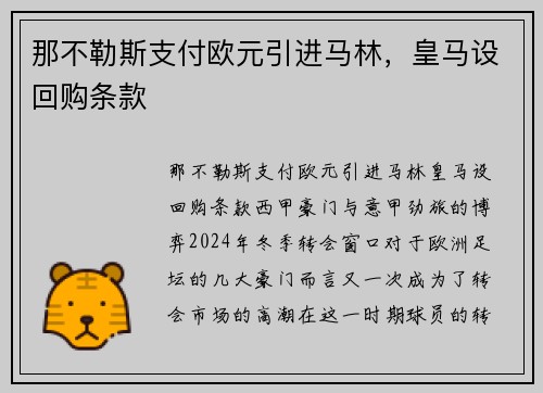 那不勒斯支付欧元引进马林，皇马设回购条款