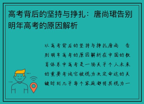 高考背后的坚持与挣扎：唐尚珺告别明年高考的原因解析